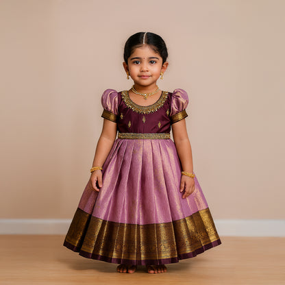 Lavender & Wine Aari Work Full-Length Pattu Gown | CPM_0441