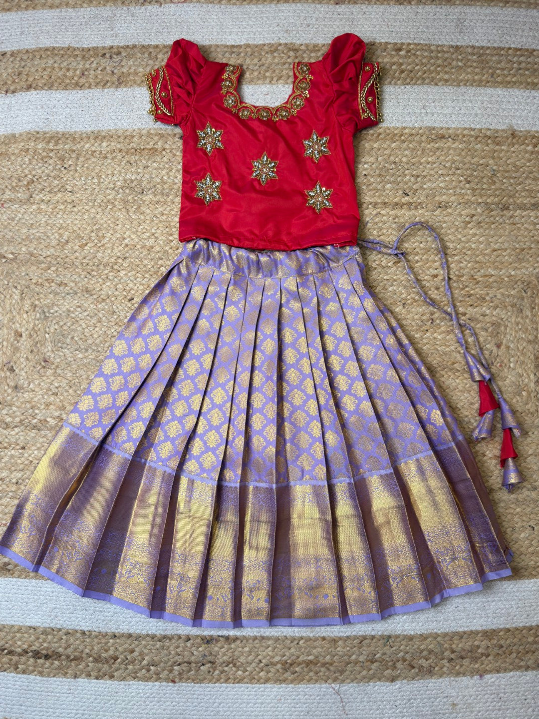 Red & Lavender Aari Work Pattu Pavadai Set | CPM_0442