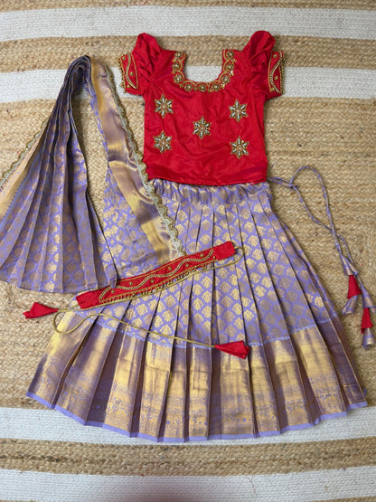 Red & Lavender Aari Work Pattu Pavadai Set with Dupatta | CPM_0442B