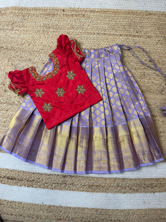 Red & Lavender Aari Work Pattu Pavadai Set | CPM_0442