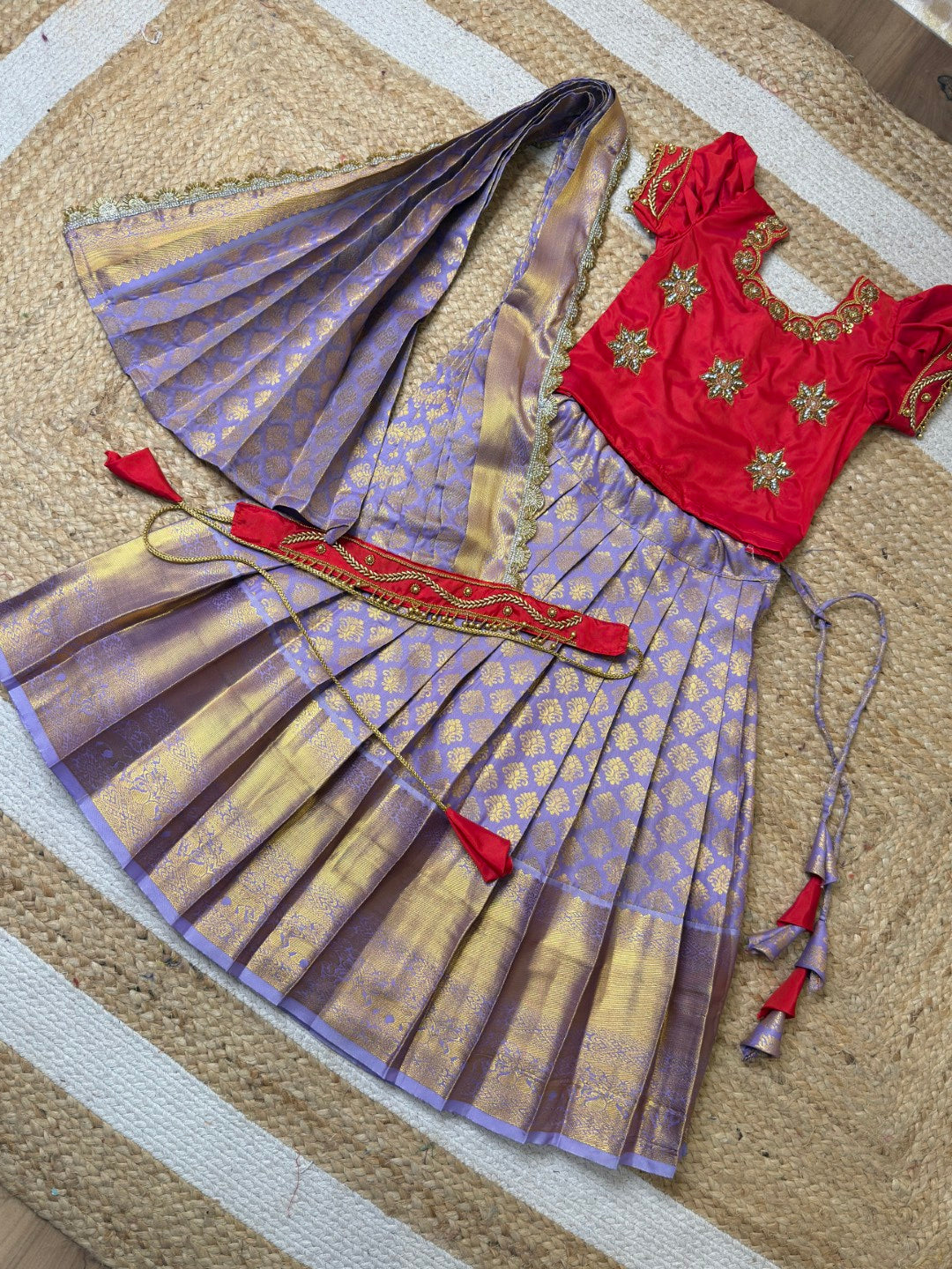 Red & Lavender Aari Work Pattu Pavadai Set with Dupatta | CPM_0442B