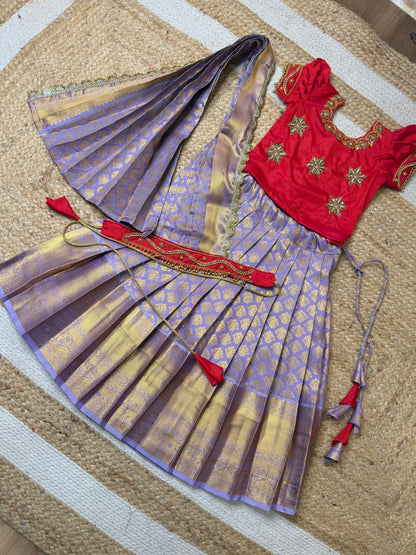 Red & Lavender Aari Work Pattu Pavadai Set with Dupatta | CPM_0442B