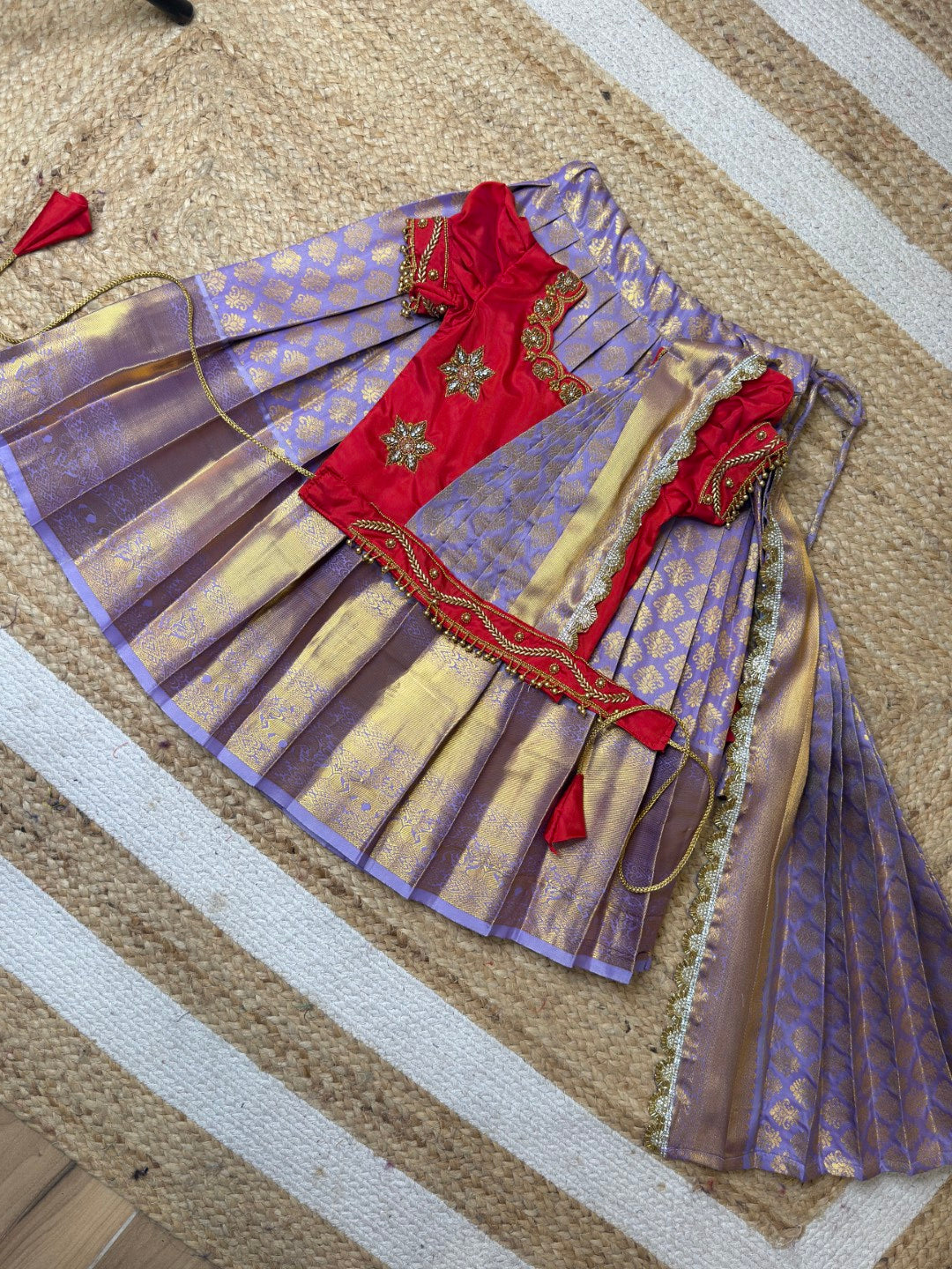Red & Lavender Aari Work Pattu Pavadai Set with Dupatta | CPM_0442B