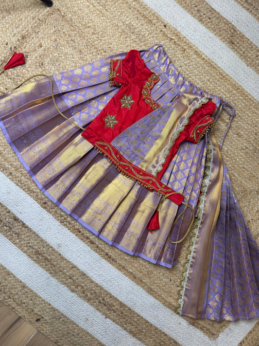 Red & Lavender Aari Work Pattu Pavadai Set with Dupatta | CPM_0442B