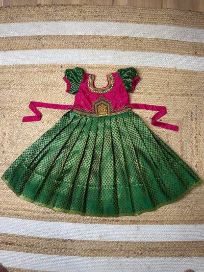 Pink & Green Lakshmi Pendant Aari Gown | CPM_0445