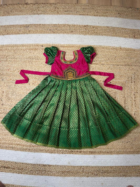 Pink & Green Lakshmi Pendant Aari Gown | CPM_0445