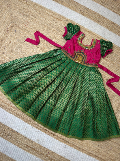 Pink & Green Lakshmi Pendant Aari Gown | CPM_0445