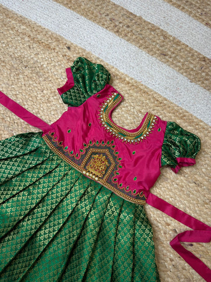Pink & Green Lakshmi Pendant Aari Gown | CPM_0445