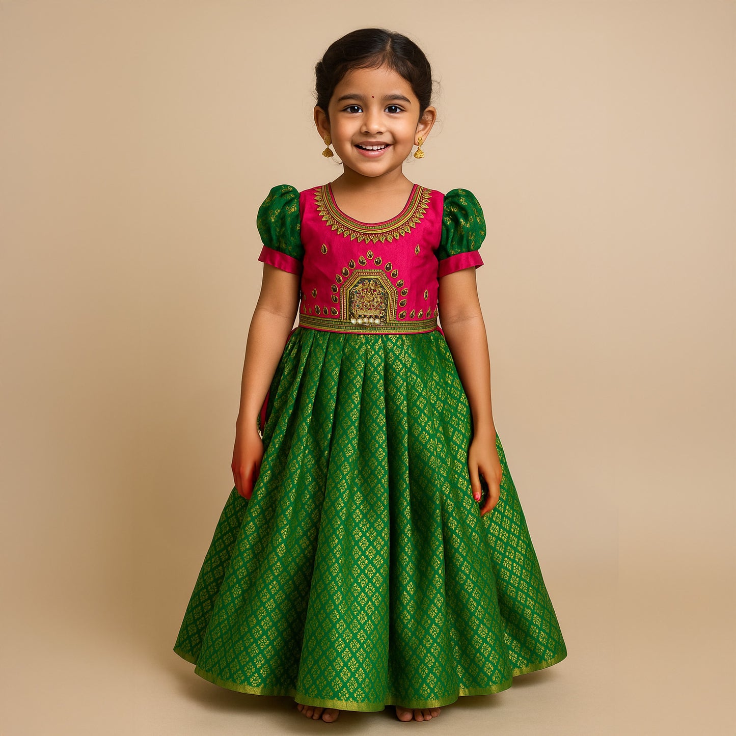 Pink & Green Lakshmi Pendant Aari Gown | CPM_0445