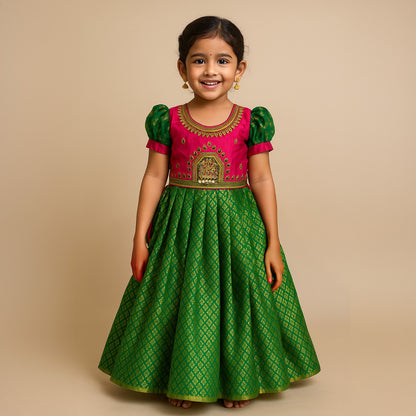 Pink & Green Lakshmi Pendant Aari Gown | CPM_0445