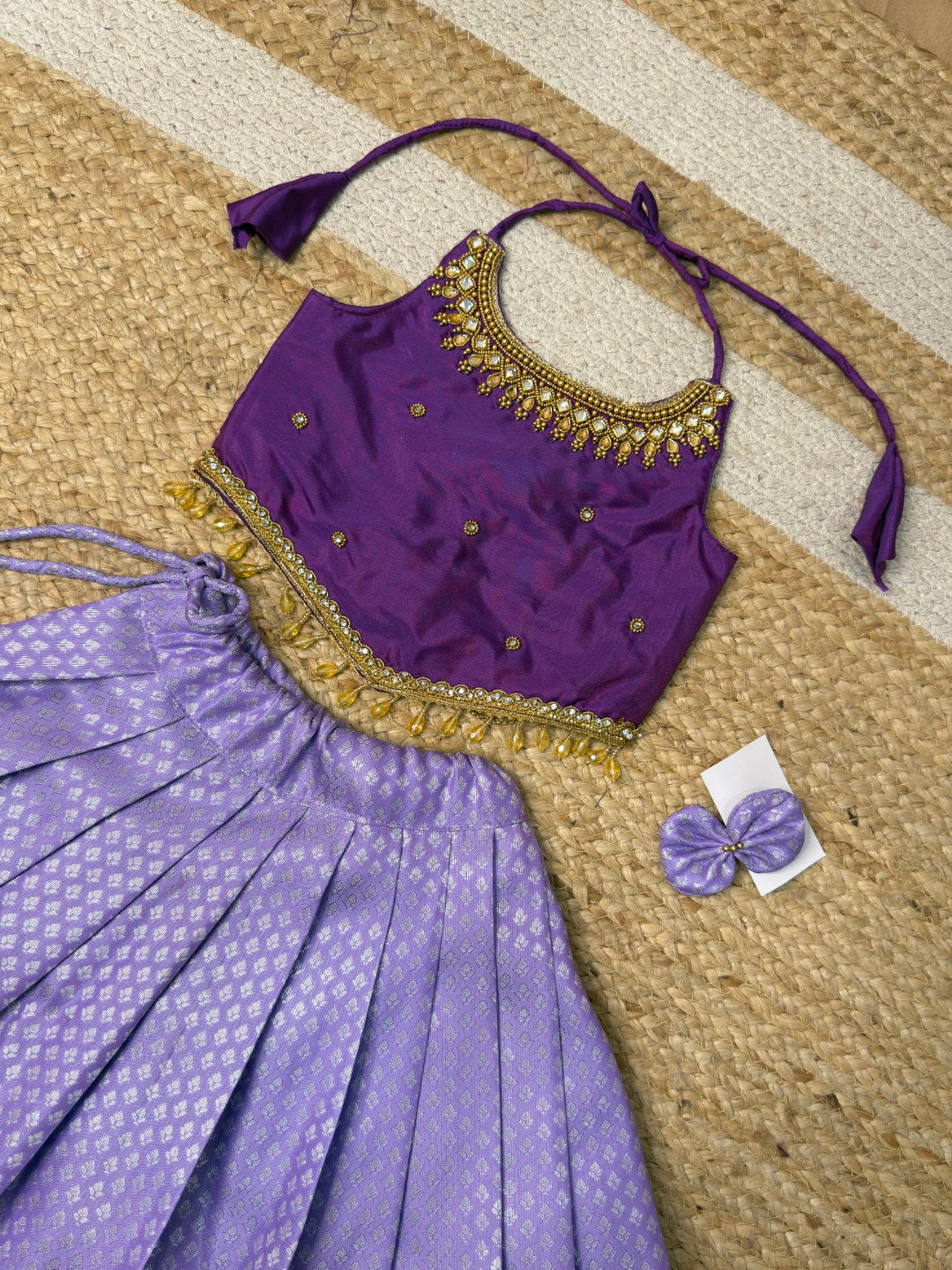 Lavender Aariwork Crop Top Pattu Set | CPM_0446