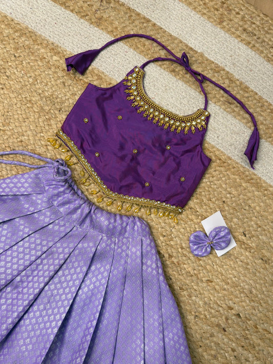 Lavender Aariwork Crop Top Pattu Set | CPM_0446