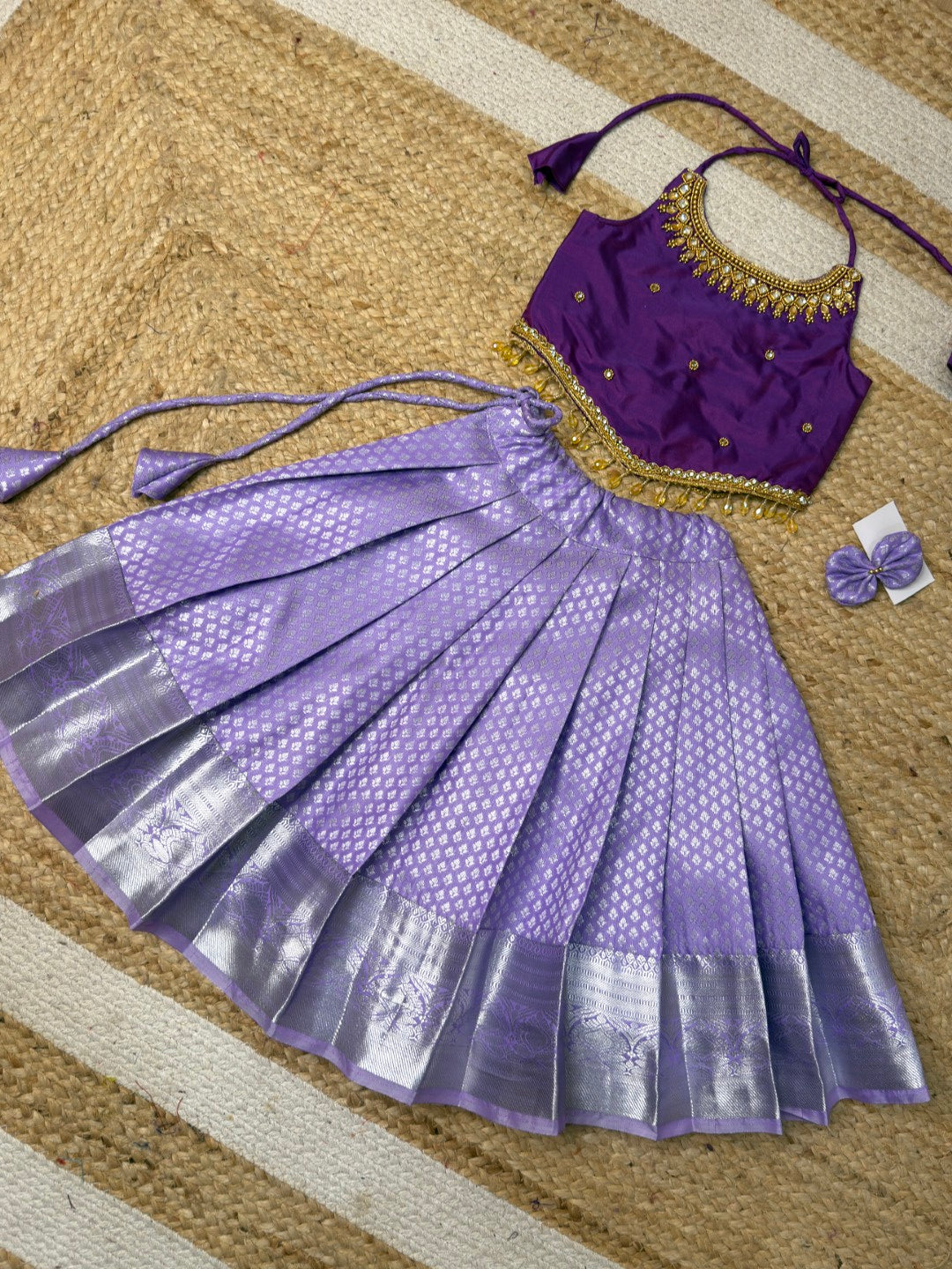 Lavender Aariwork Crop Top Pattu Set | CPM_0446