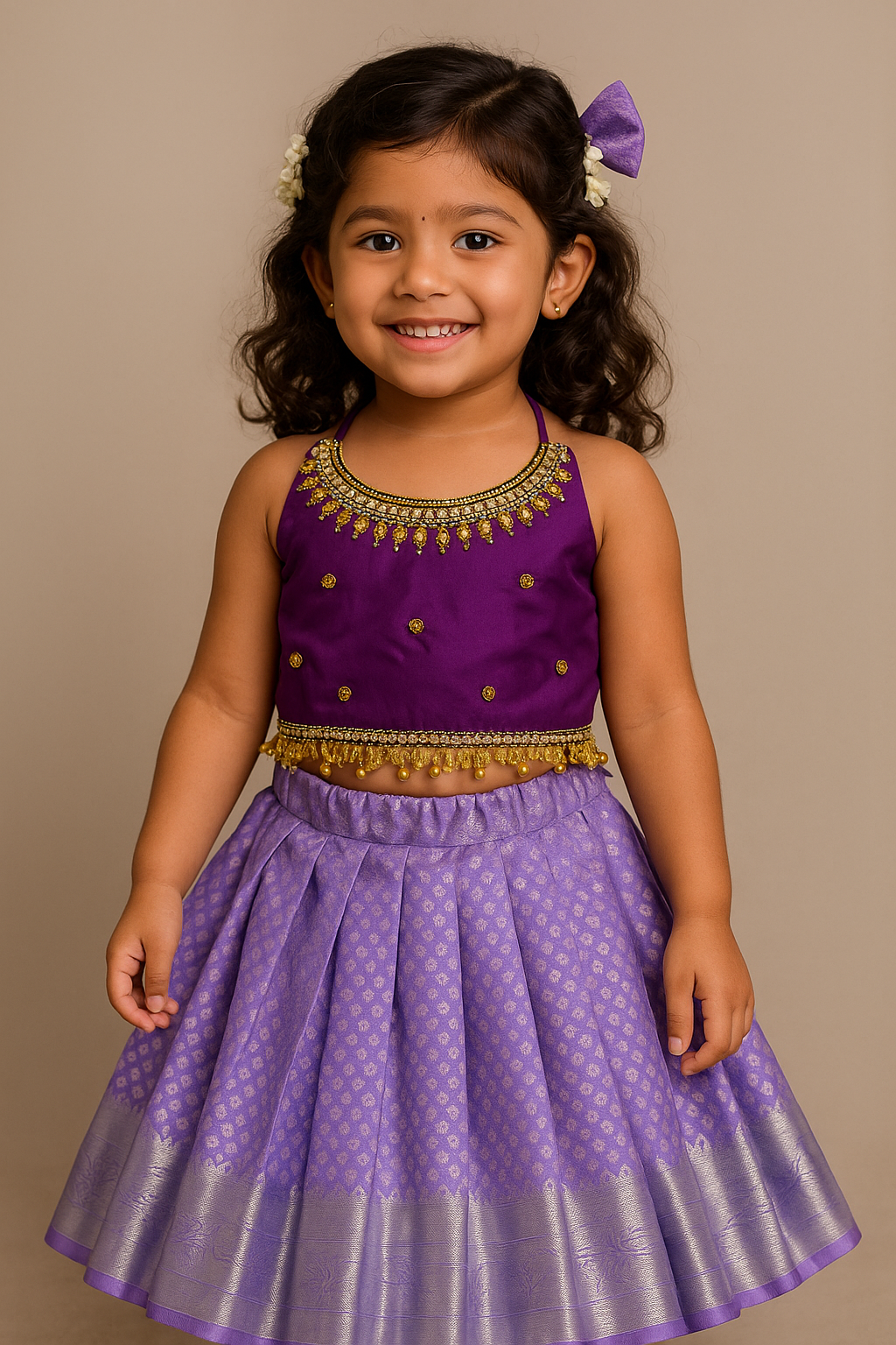 Lavender Aariwork Crop Top Pattu Set | CPM_0446