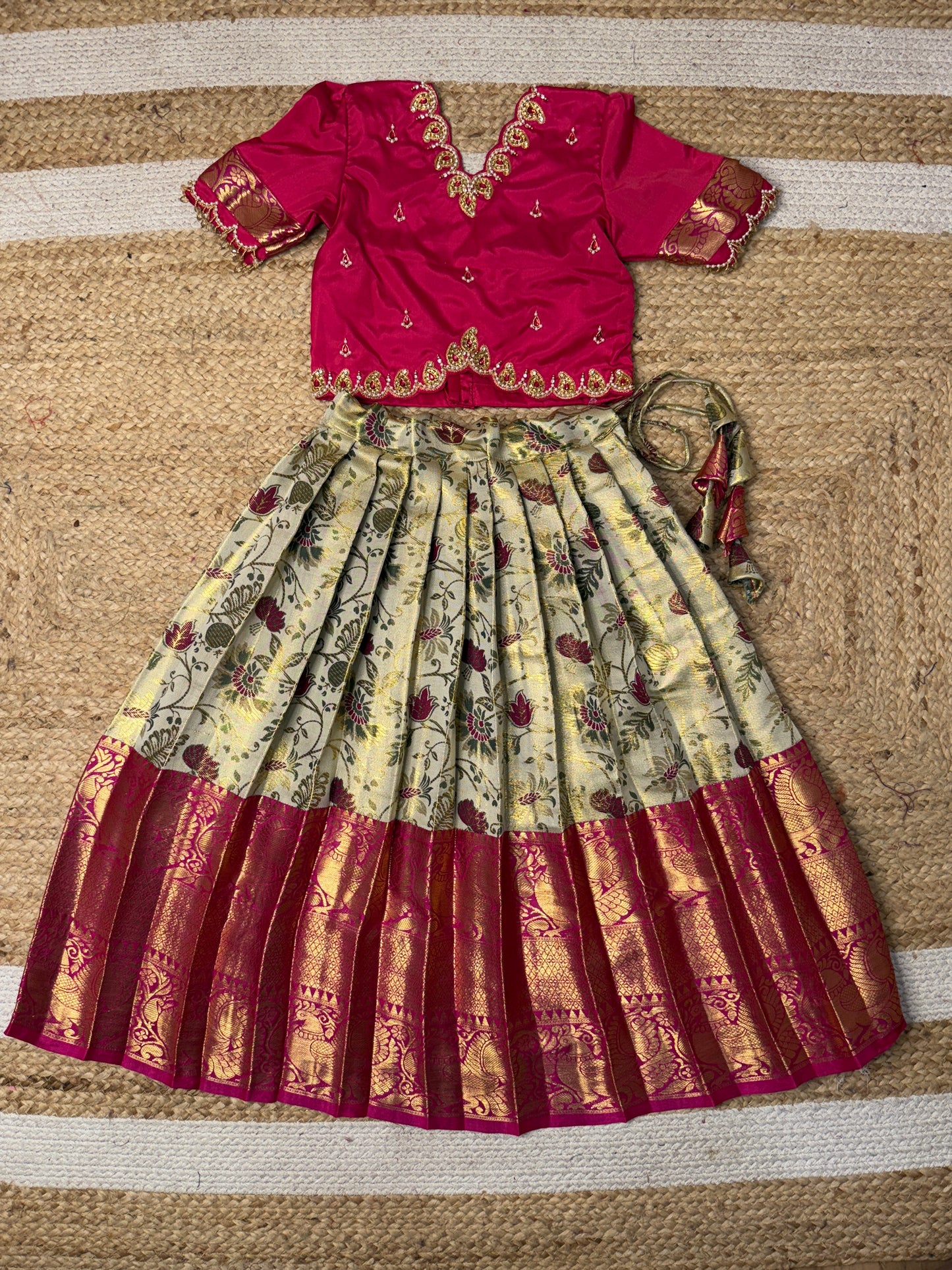 Blushing Mango - Pink Kanchi Tissue Aari Half Saree | CPM_0450