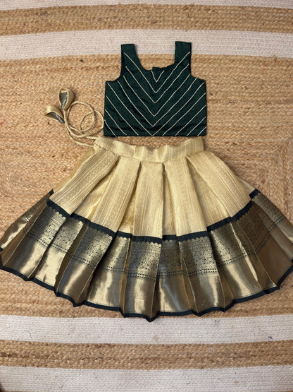 Varnikaa - Sleeveless Classic White and Dark Green Top & Skirt | CPM_0451A