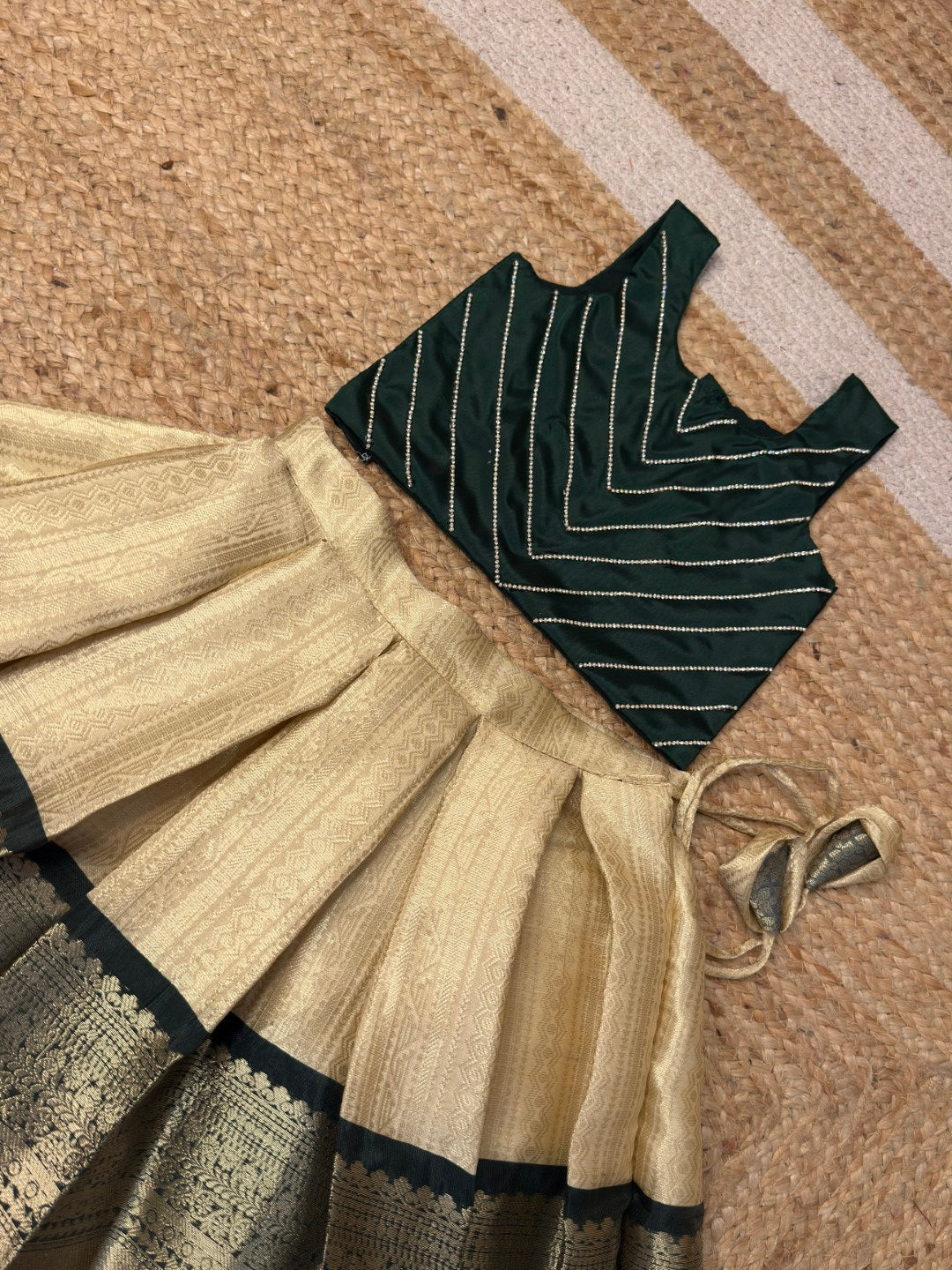 Varnikaa - Sleeveless Classic White and Dark Green Top & Skirt | CPM_0451A