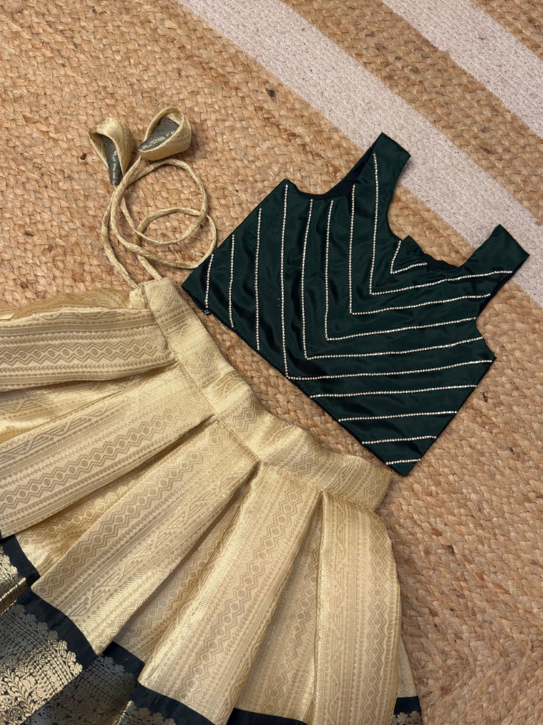 Varnikaa - Sleeveless Classic White and Dark Green Top & Skirt | CPM_0451A