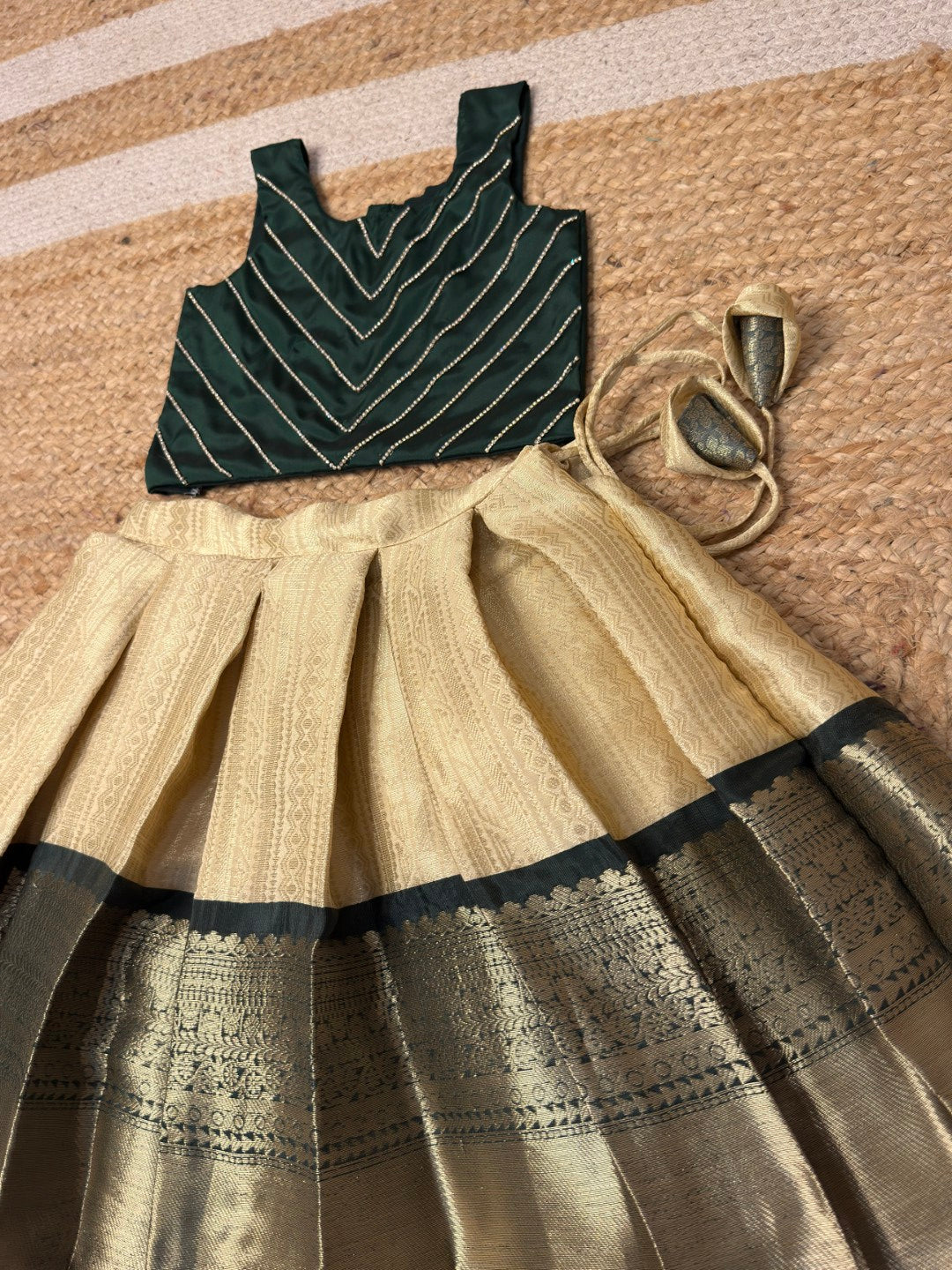 Varnikaa - Sleeveless Classic White and Dark Green Top & Skirt | CPM_0451A