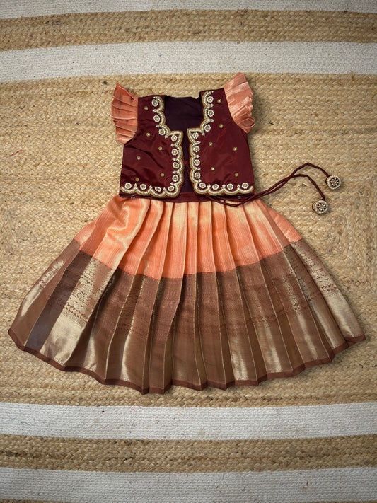 Peach & Brown Semi Kanchi Silk Aari Work Overcoat Set | CPM_0453