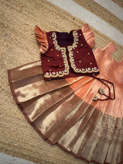 Peach & Brown Semi Kanchi Silk Aari Work Overcoat Set | CPM_0453