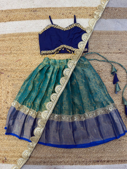 Sea Green & Blue Banarasi Tissue Silk Set | CPM_0459