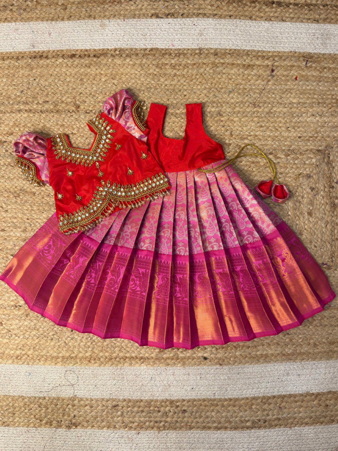 Red & Pink Magic Premium Dual Tone Aari Work Pattu Pavadai | CPM_0463