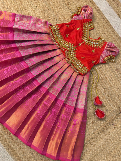Red & Pink Magic Premium Dual Tone Aari Work Pattu Pavadai | CPM_0463