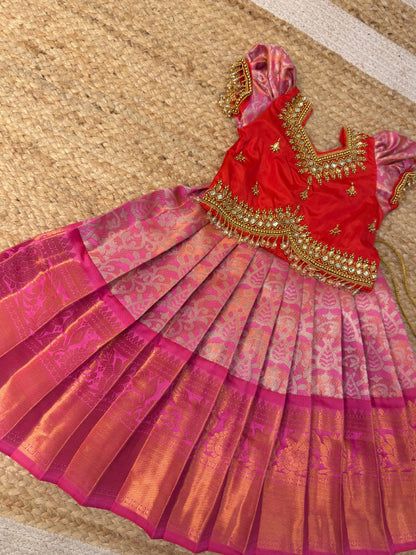 Red & Pink Magic Premium Dual Tone Aari Work Pattu Pavadai | CPM_0463