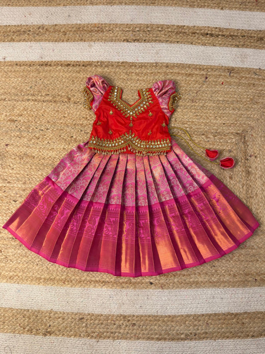 Red & Pink Magic Premium Dual Tone Aari Work Pattu Pavadai | CPM_0463