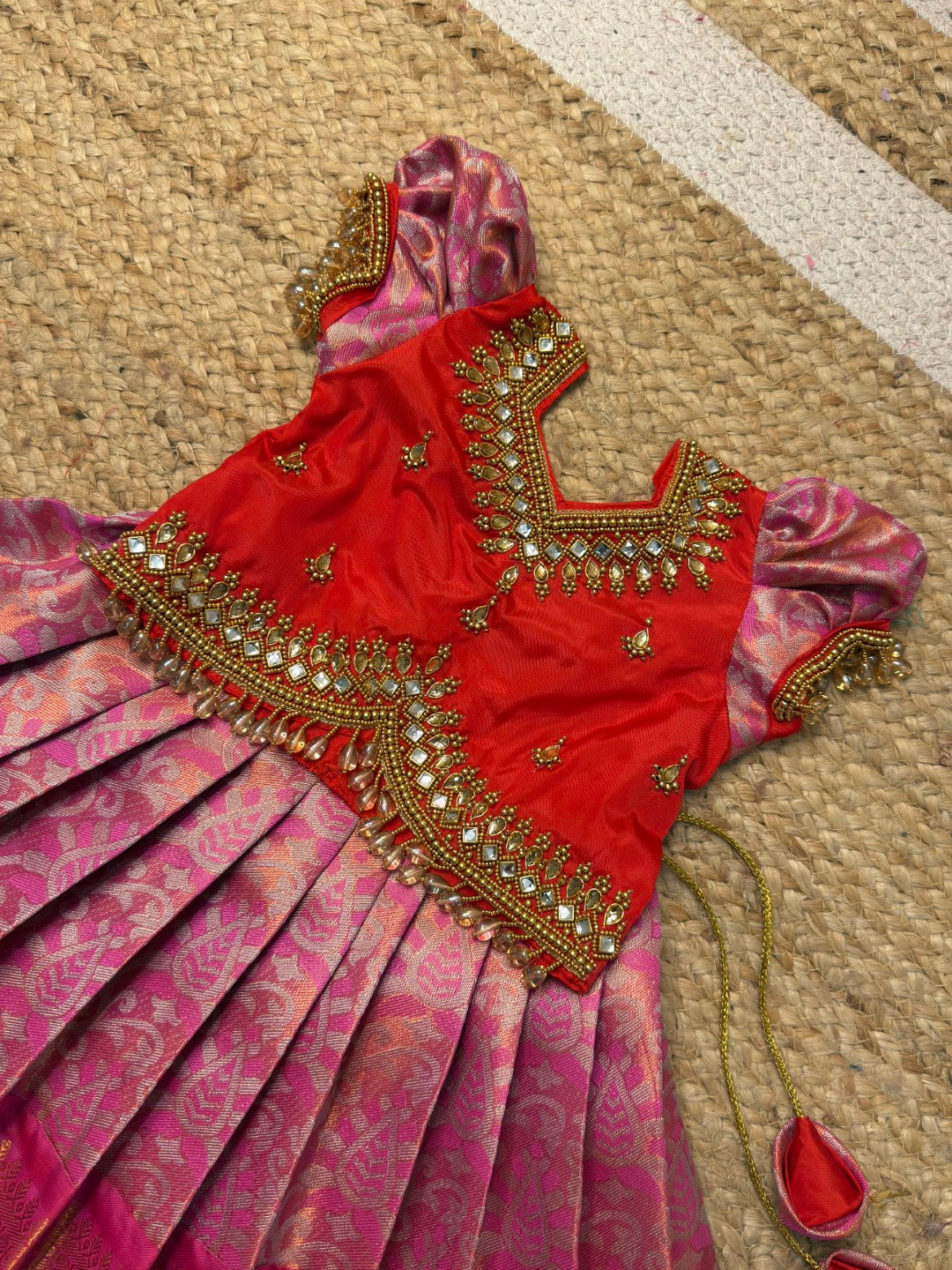 Red & Pink Magic Premium Dual Tone Aari Work Pattu Pavadai | CPM_0463