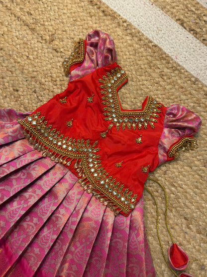 Red & Pink Magic Premium Dual Tone Aari Work Pattu Pavadai | CPM_0463