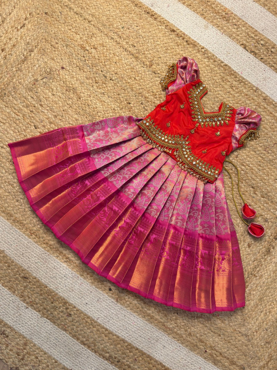 Red & Pink Magic Premium Dual Tone Aari Work Pattu Pavadai | CPM_0463