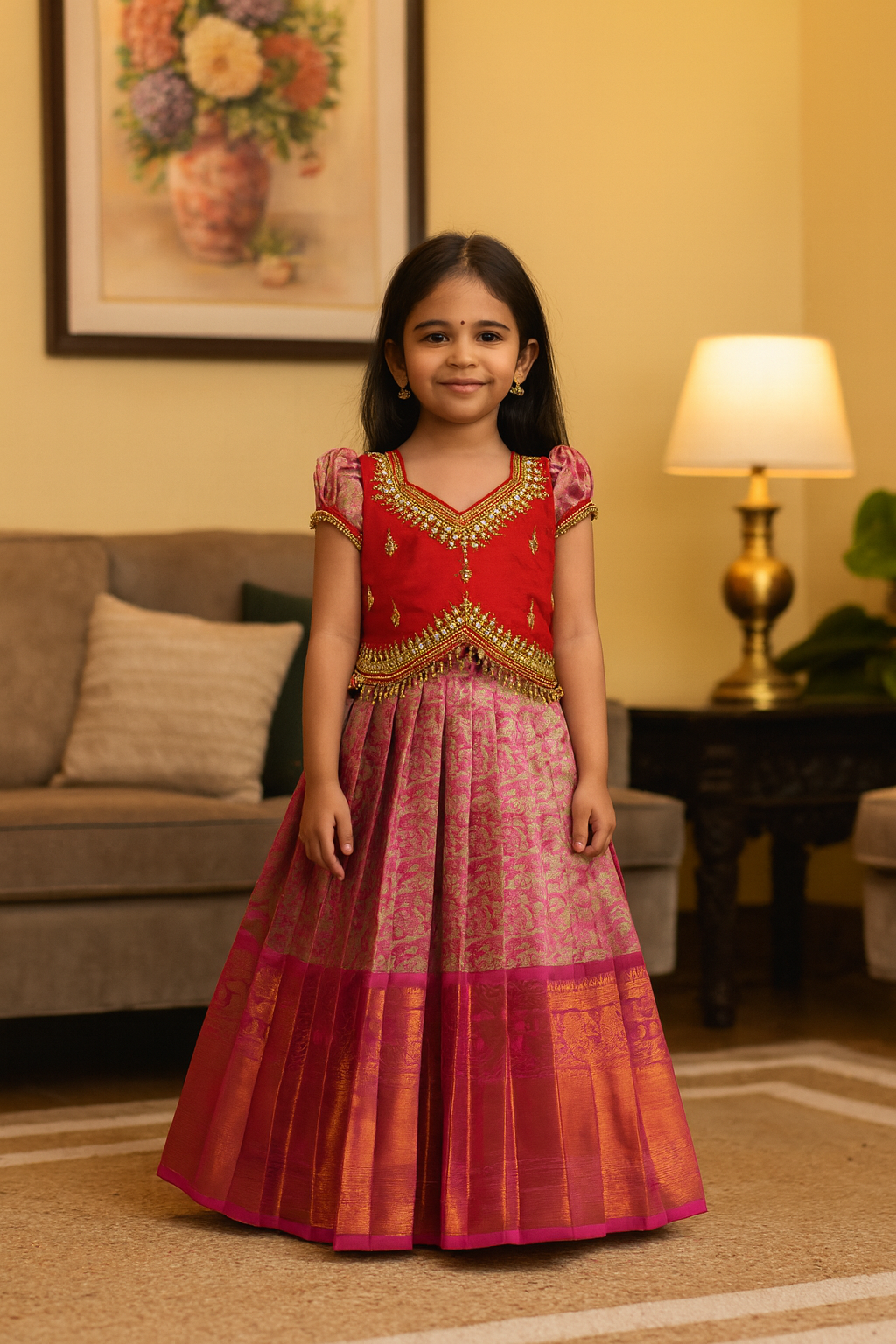 Red & Pink Magic Premium Dual Tone Aari Work Pattu Pavadai | CPM_0463