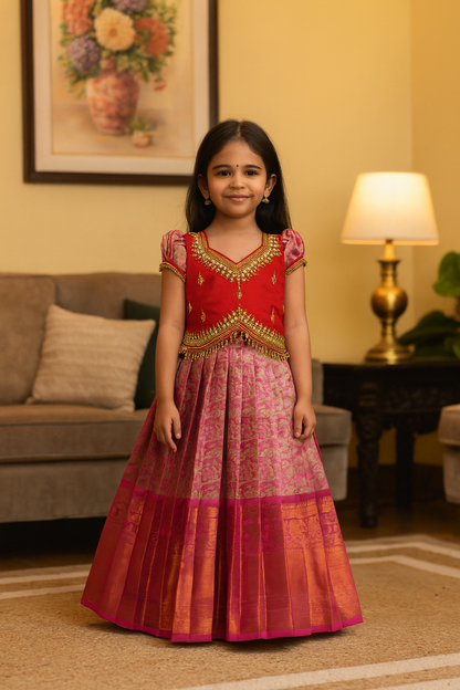 Red & Pink Magic Premium Dual Tone Aari Work Pattu Pavadai | CPM_0463