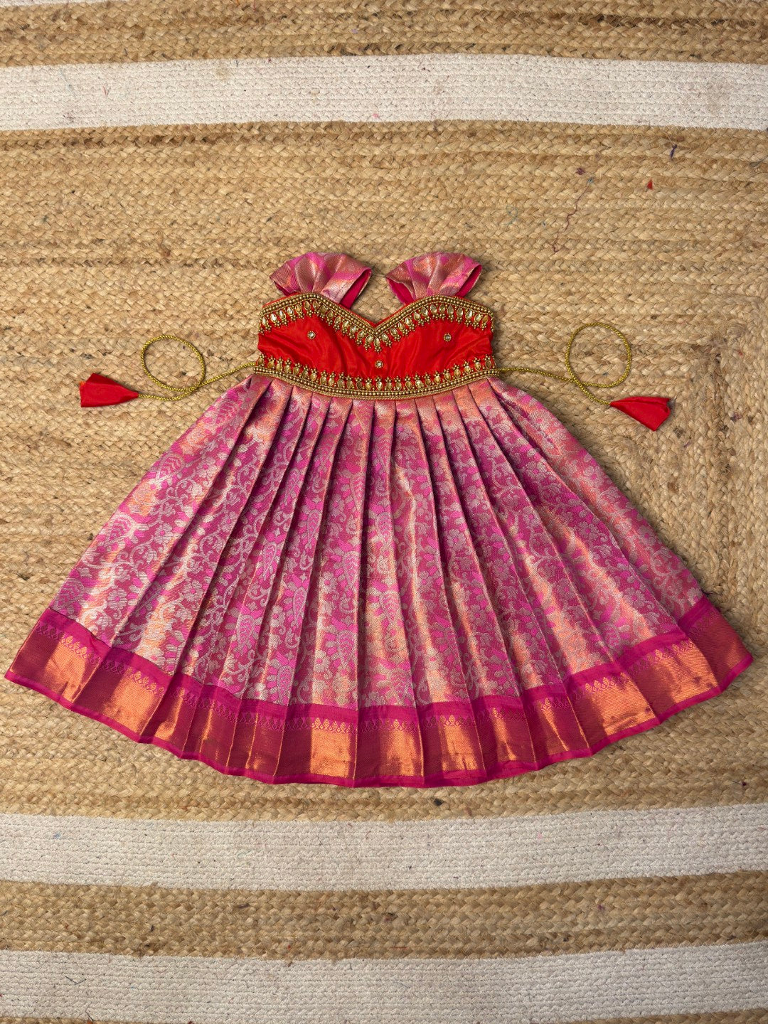 Red & Pink Pure Kanchi Silk Aari Pattu Frock | CPM_0464