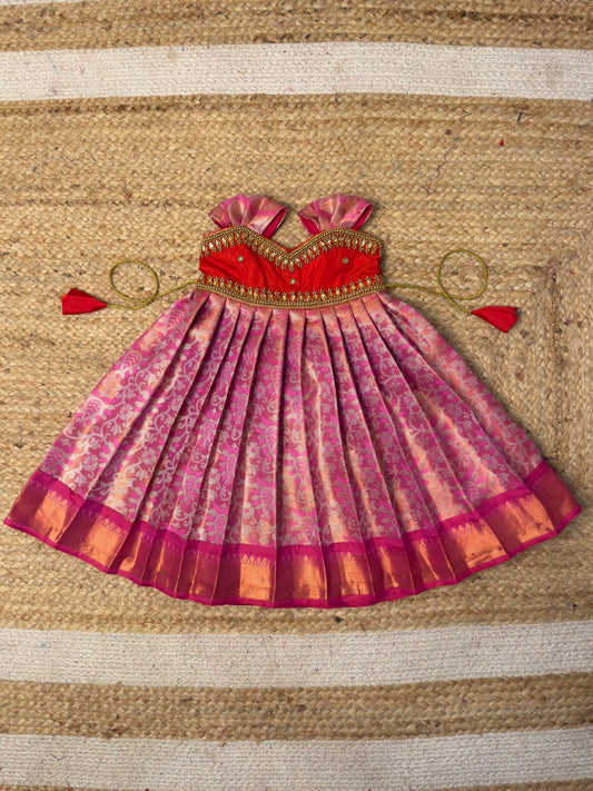 Red & Pink Pure Kanchi Silk Aari Pattu Frock | CPM_0464
