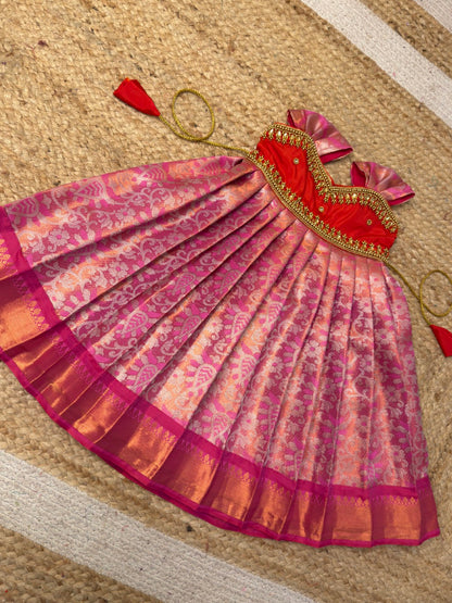 Red & Pink Pure Kanchi Silk Aari Pattu Frock | CPM_0464