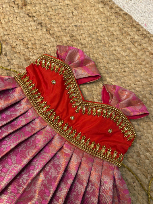 Red & Pink Pure Kanchi Silk Aari Pattu Frock | CPM_0464