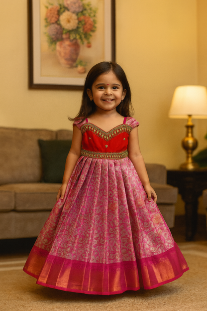 Red & Pink Pure Kanchi Silk Aari Pattu Frock | CPM_0464