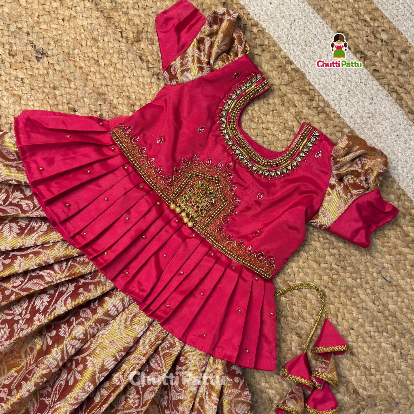 Golden Pink Aari Pattu Pavadai with Lakshmi Pendant | CPM_0470