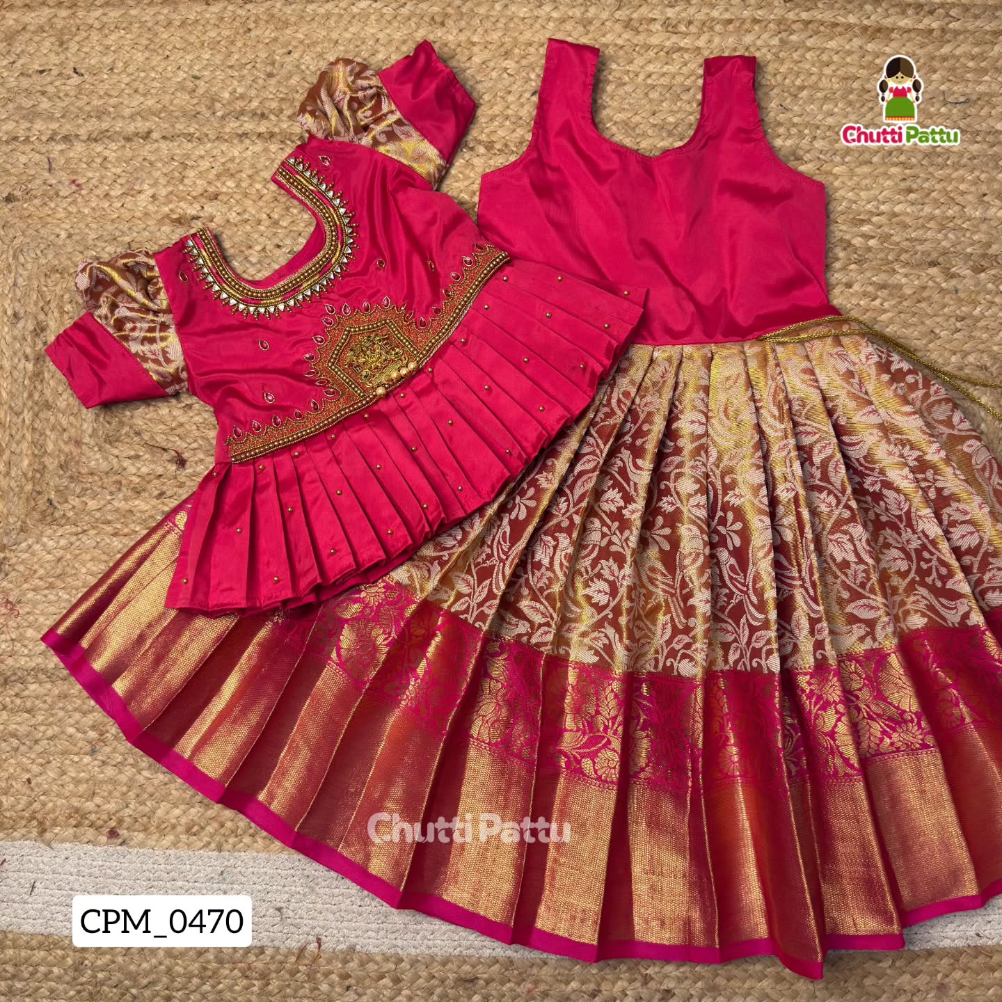 Golden Pink Aari Pattu Pavadai with Lakshmi Pendant | CPM_0470