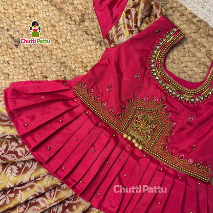 Golden Pink Aari Pattu Pavadai with Lakshmi Pendant | CPM_0470