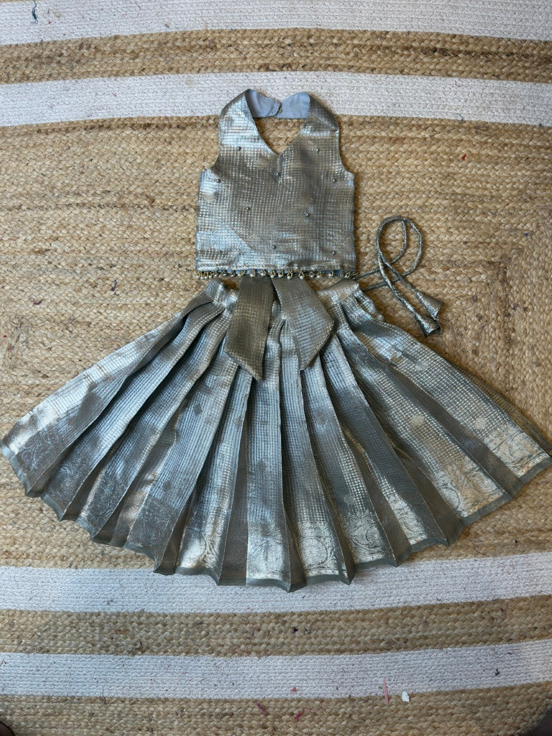 Silver Tissue Silk Halter Neck Crop Top & Skirt | CPM_0471