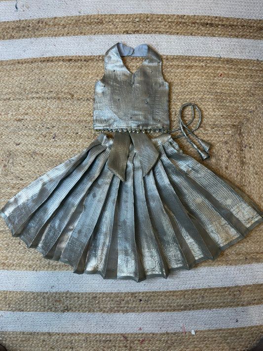 Silver Tissue Silk Halter Neck Crop Top & Skirt | CPM_0471
