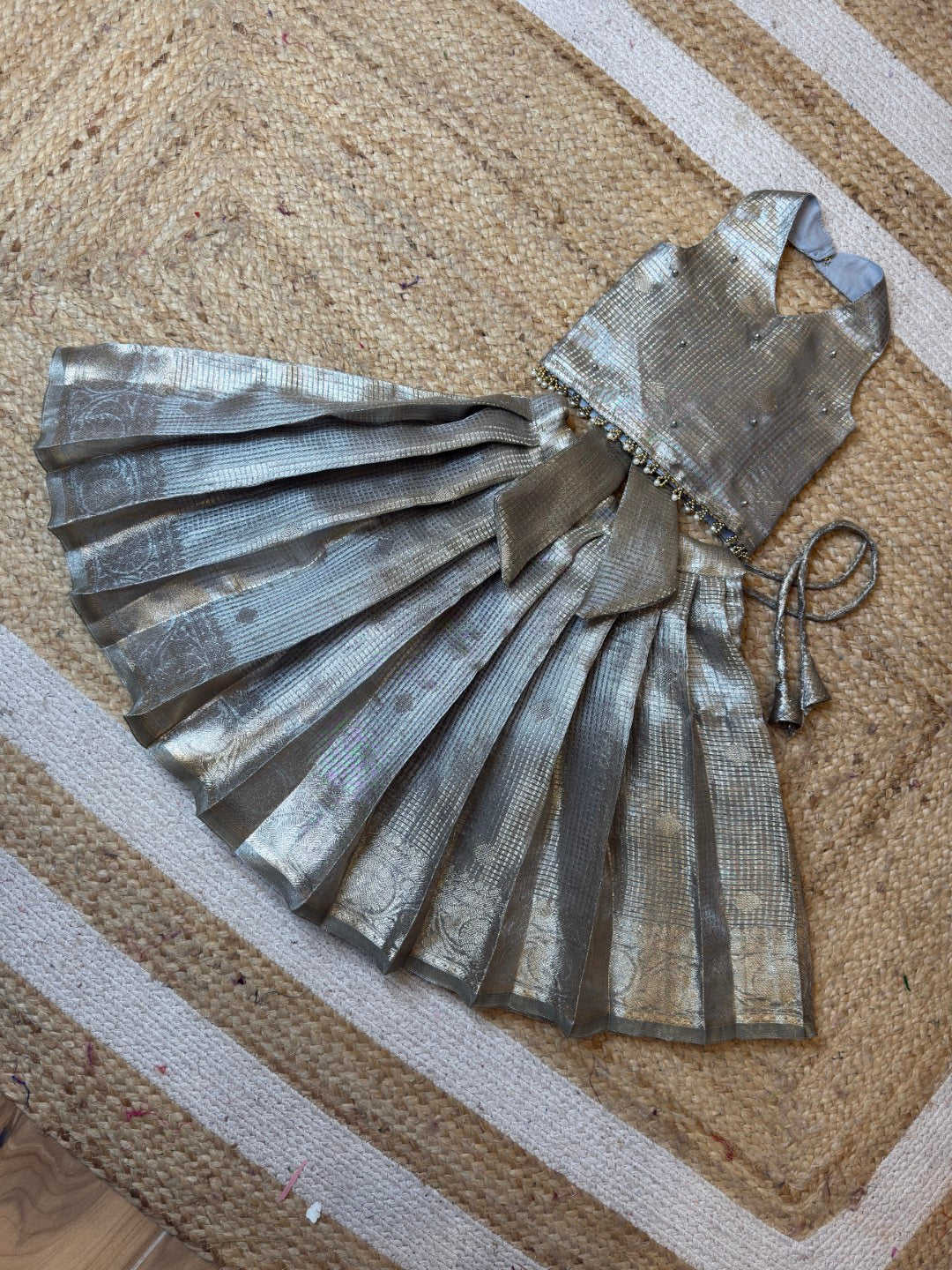 Silver Tissue Silk Halter Neck Crop Top & Skirt | CPM_0471