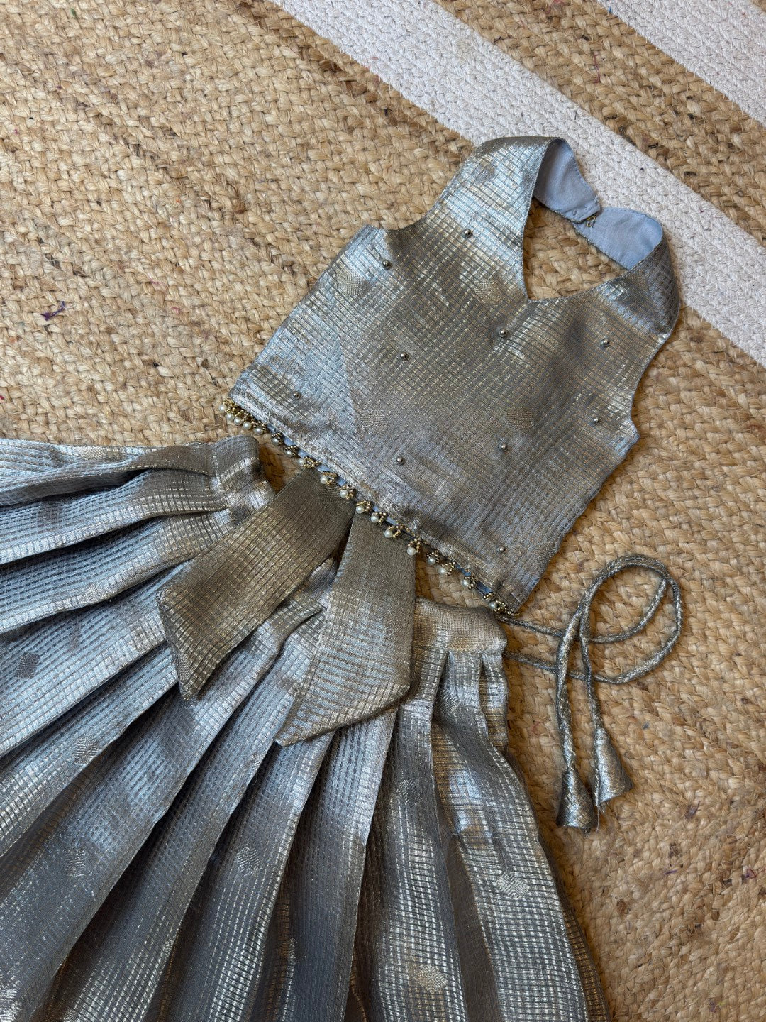 Silver Tissue Silk Halter Neck Crop Top & Skirt | CPM_0471