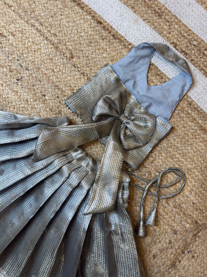 Silver Tissue Silk Halter Neck Crop Top & Skirt | CPM_0471