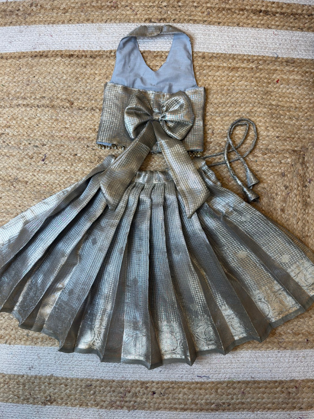 Silver Tissue Silk Halter Neck Crop Top & Skirt | CPM_0471