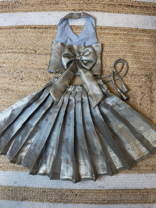 Silver Tissue Silk Halter Neck Crop Top & Skirt | CPM_0471